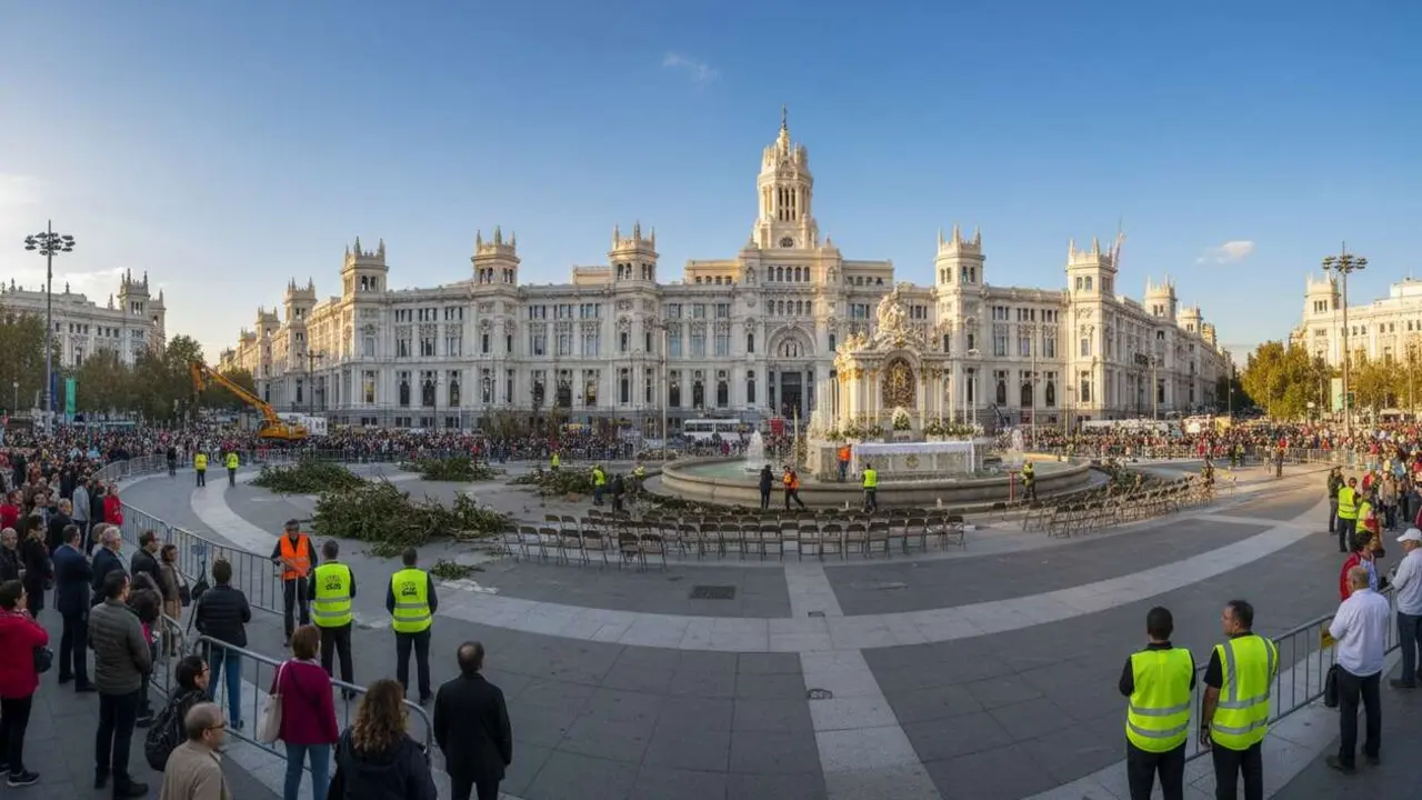  Almeida retira &aacute;rboles en la plaza de Cibeles para preparar una misa hist&oacute;rica y las razones detr&aacute;s de la decisi&oacute;n &mdash; Imagen generada por IA 