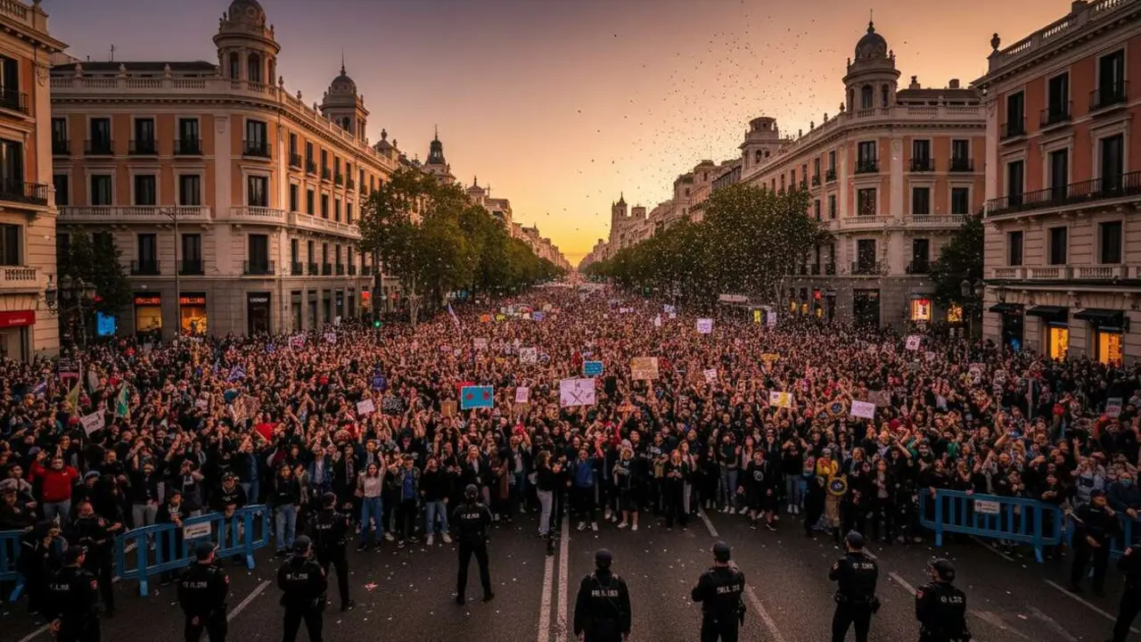  Manifestantes protestando contra el modelo de sanidad p&uacute;blica de Ayuso en Madrid en una manifestaci&oacute;n reciente &mdash; Imagen generada por IA 