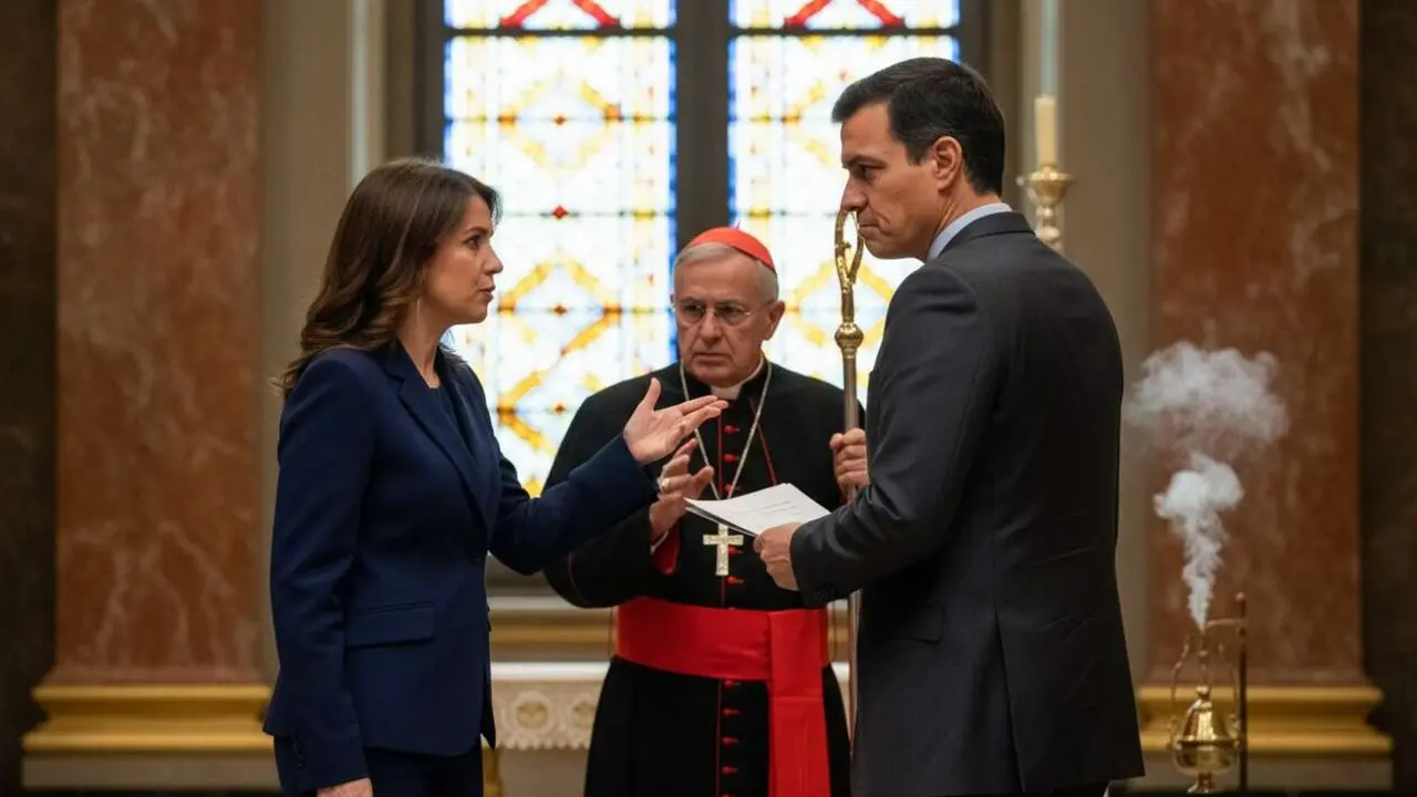  Ayuso y S&aacute;nchez discuten en p&uacute;blico sobre la visita papal y el apoyo a la comunidad cat&oacute;lica en Espa&ntilde;a &mdash; Imagen generada por IA 