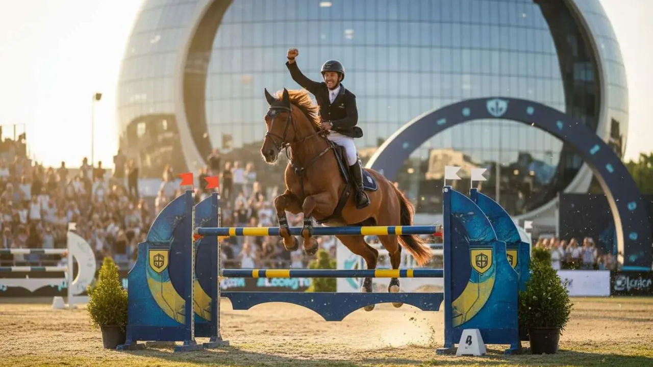  Iv&aacute;n Serrano celebrando su victoria en el GP Verisure, evento que une deporte y seguridad con patrocinio destacado &mdash; Imagen generada por IA 