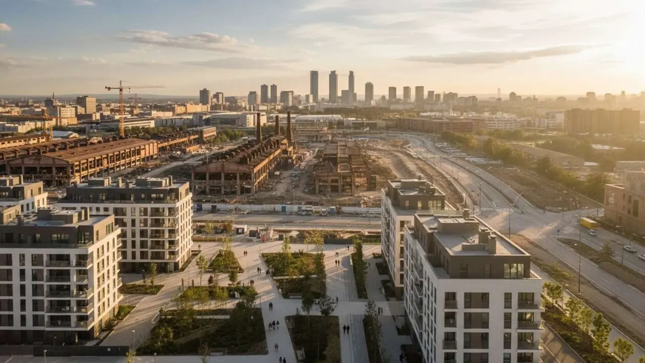  Transformaci&oacute;n del suelo industrial en Madrid con el plan Almeida para nuevas viviendas sostenibles &mdash; Imagen generada por IA 