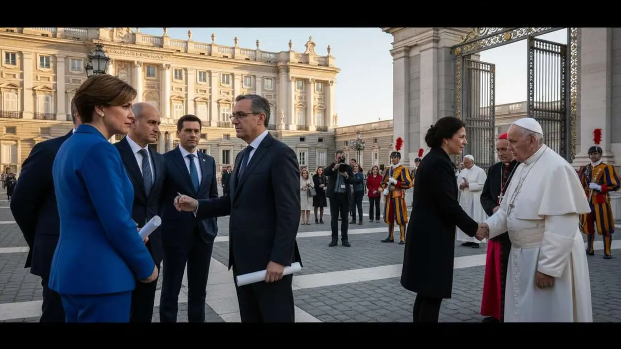  Ayuso y el Papa en Madrid durante una reuni&oacute;n tensa que genera opiniones divididas y debate p&uacute;blico &mdash; Imagen generada por IA 