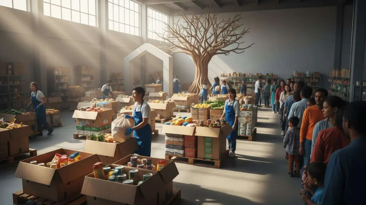  Voluntarios de CaixaBank repartiendo alimentos en la s&eacute;ptima campa&ntilde;a Ning&uacute;n hogar sin alimentos en Espa&ntilde;a &mdash; Imagen generada por IA 