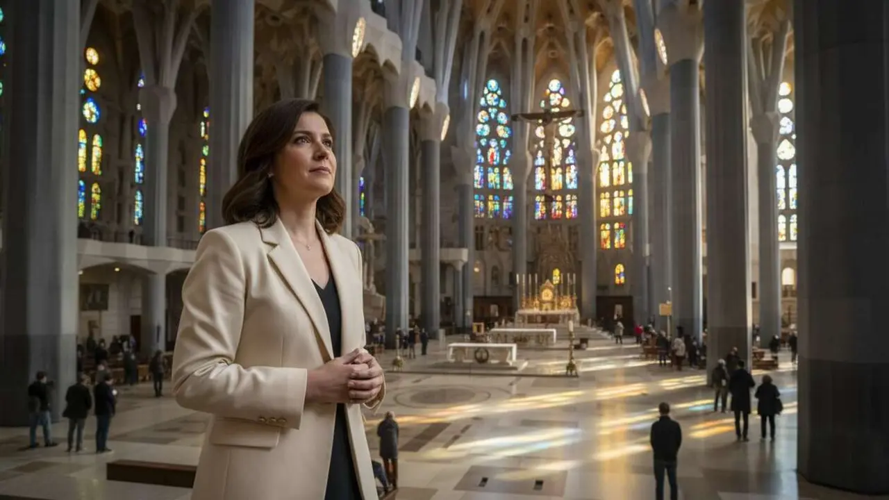  Isabel D&iacute;az Ayuso responde a la bendici&oacute;n del Papa en la Bas&iacute;lica de la Sagrada Familia en Barcelona &mdash; Imagen generada por IA 