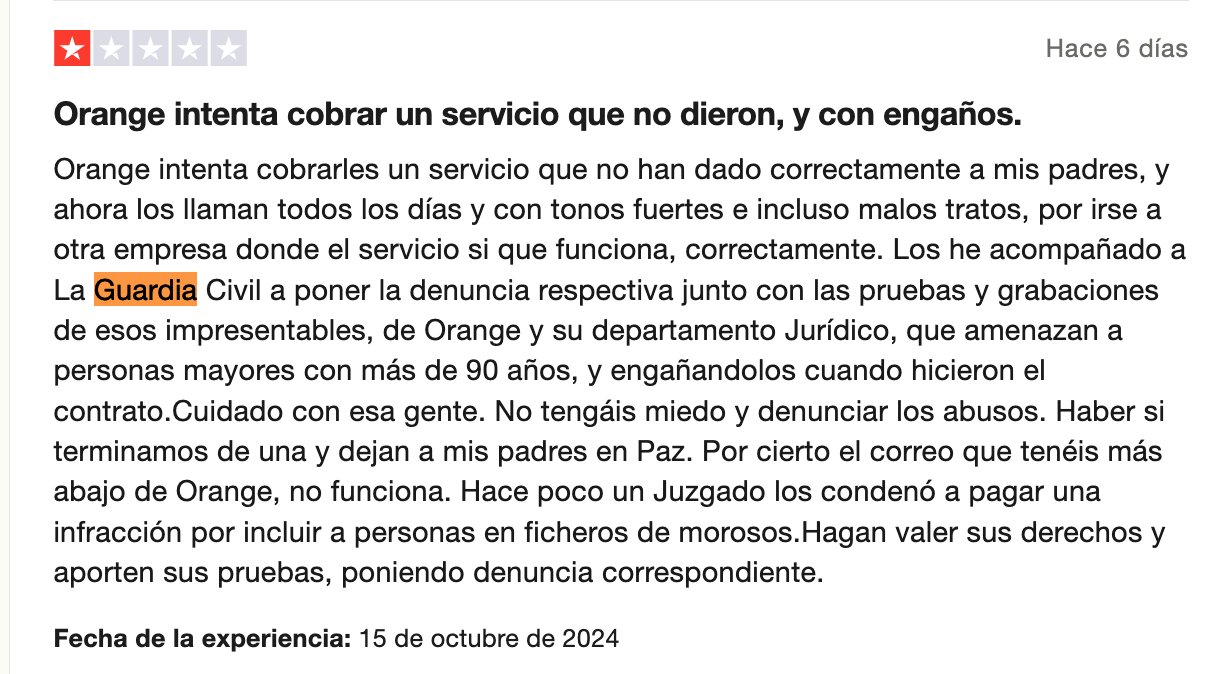 El cliente quejándose en Trustpilot