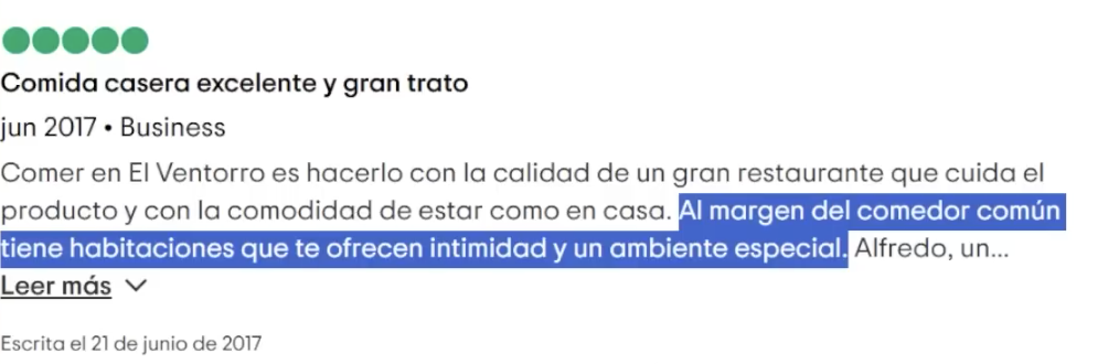 Un comentario sobre el restaurante